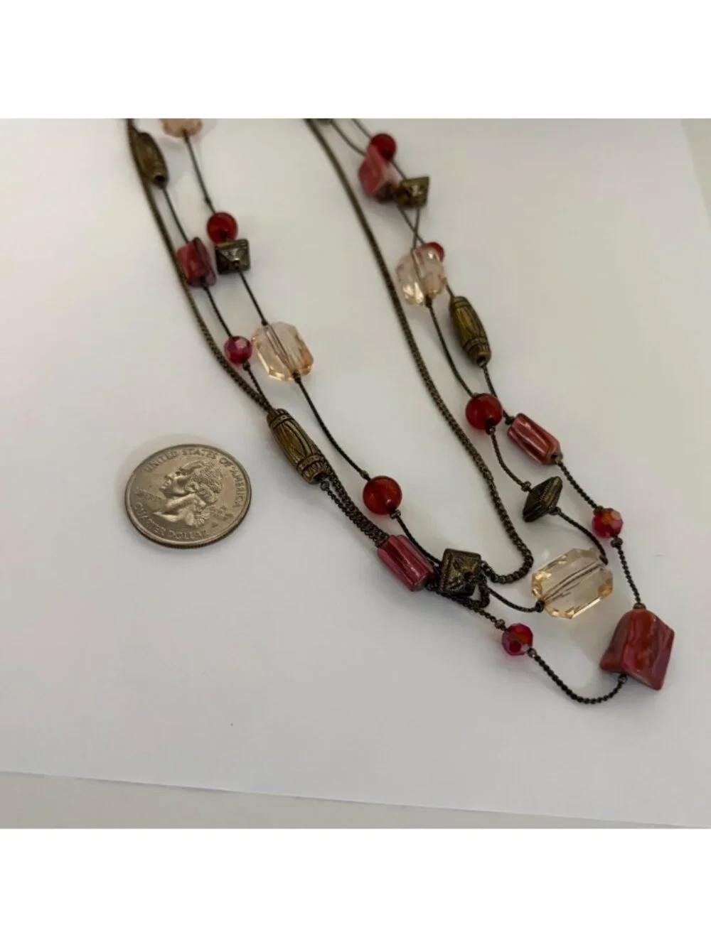 Boho-Inspired Multi-Strand Necklace Red and Clear Beads Bronze Tone Chains